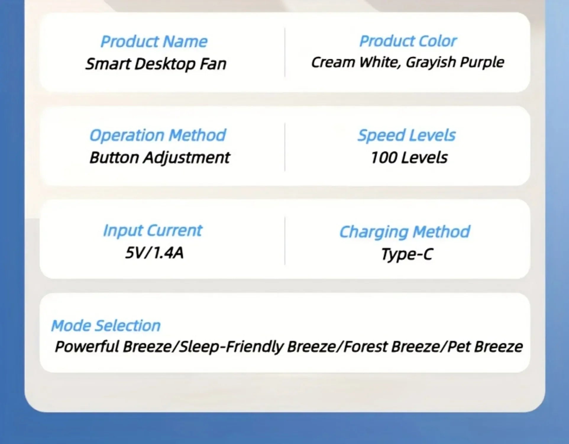 Air Circulation Fan Desktop Portable Rechargeable Fan AI Smart 100 Speed Stepless Quiet Brushless Motor Type-C Baby Sleep Wind