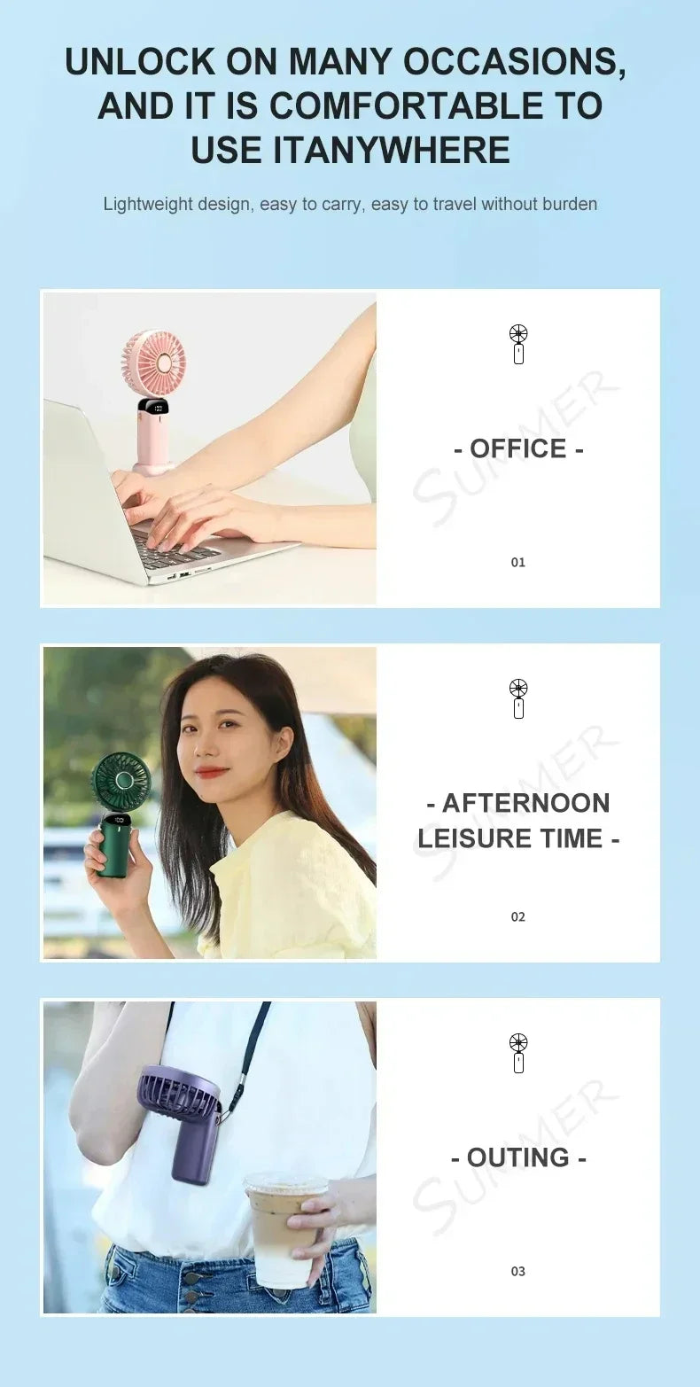 Portable Handheld Personal Rechargeable Fan LED Digital Display 90°Adjustable Rechargeable Fan , 5 Speed Wind Mini Aromatherapy