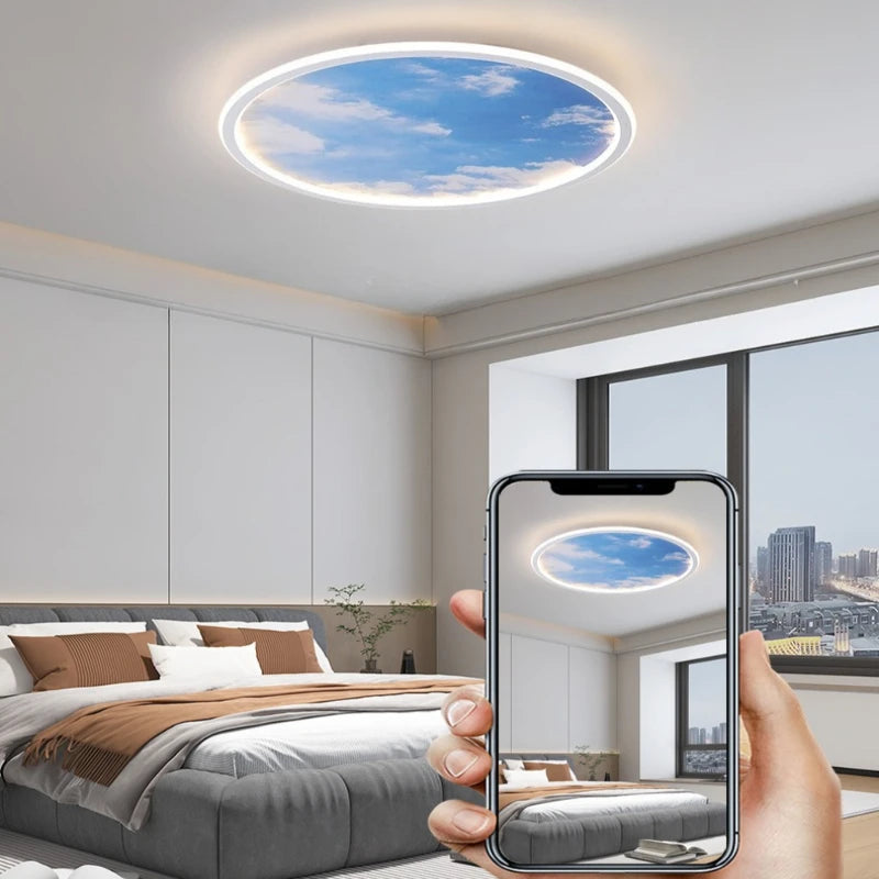 Blue Sky and White Clouds Circular Acrylic LED Ceiling Lamp Minimalist Bedroom Lighting Home Living Room Study Atmosphere Lights