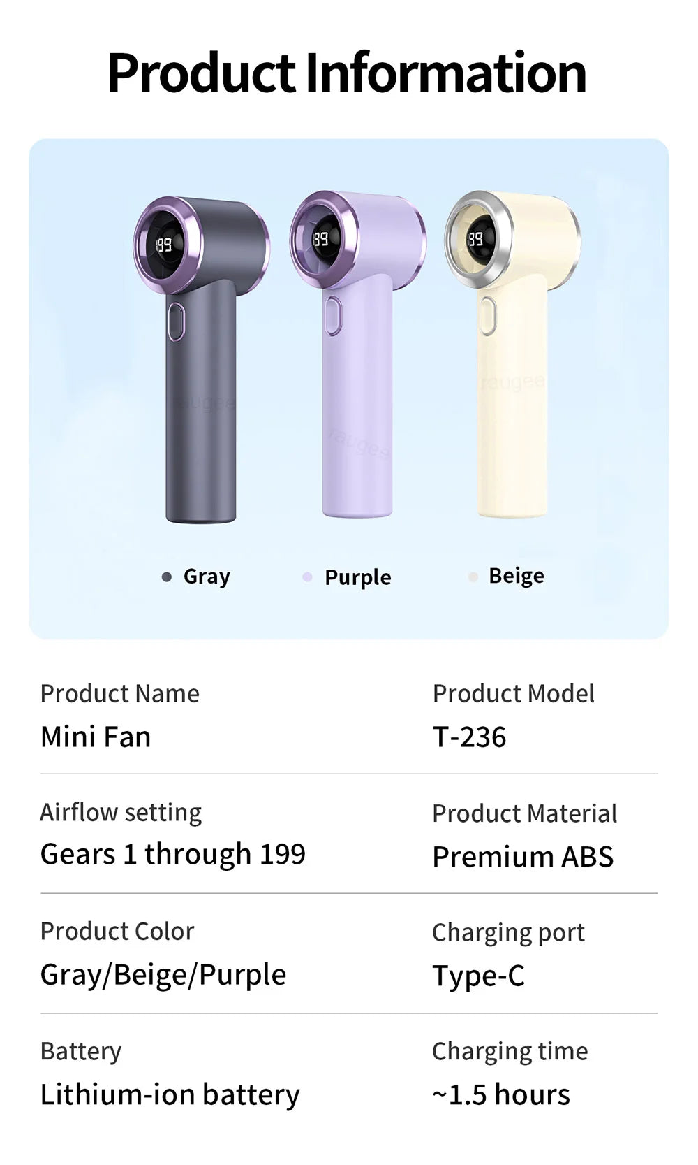 Portable Mini Fan High Speed Handheld Fans 199 Speeds Wind Adjustable 2000mAh USB Rechargeable Personal Small Fan for Outdoor