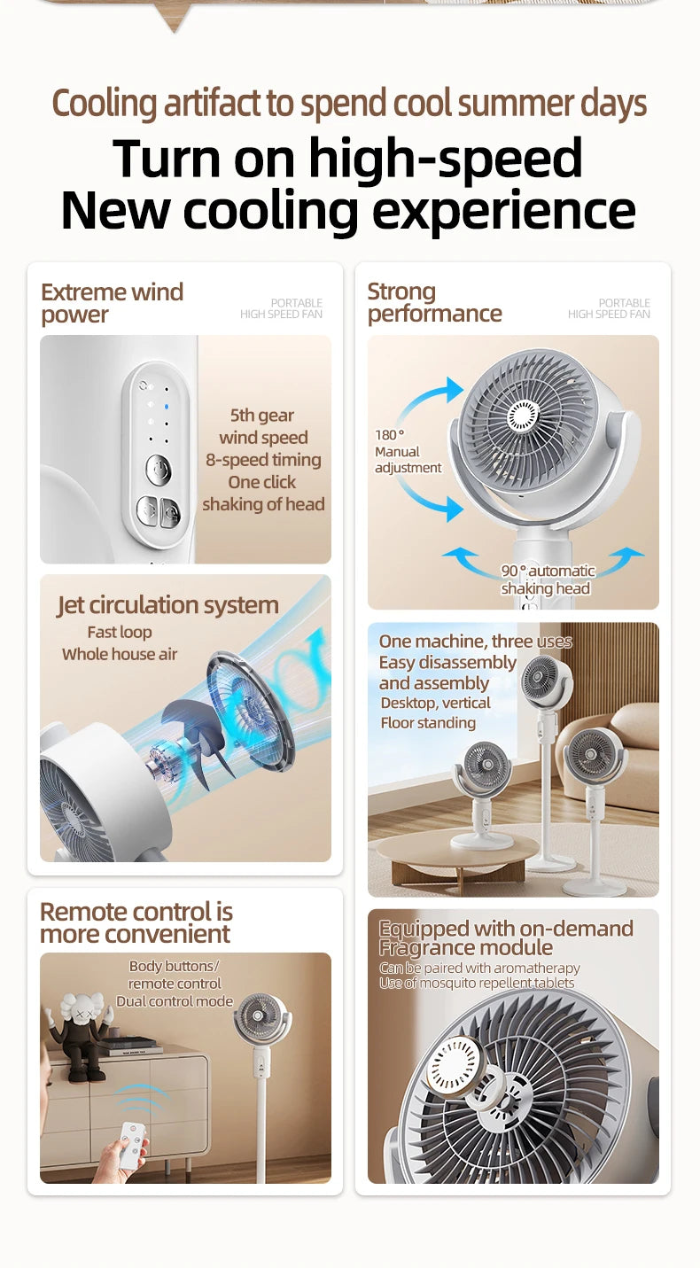 Stand Fan Rechargeable Oscillating 5 Speed Height Adjustable Air Circulator for Home Indoor Office Portable