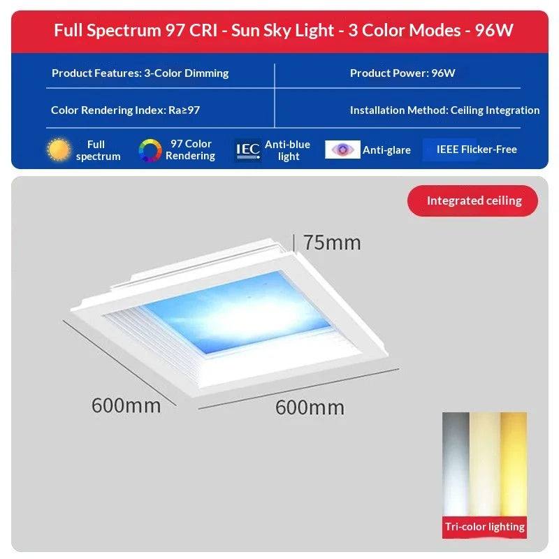 Natural Sky Light LED Embedded Ceiling Lamp Blue Sky Window Effect for Living Room Bedroom Basement Home Decor Room Decoration