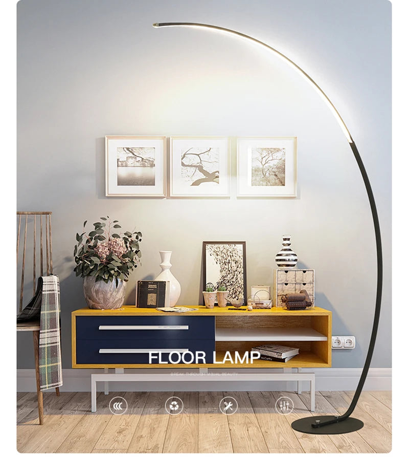 Nordic Designer Curved Aluminum LED Floor Lamp Modern Standing Light for Living Room Bedroom Bedside Room Decorative Lighting