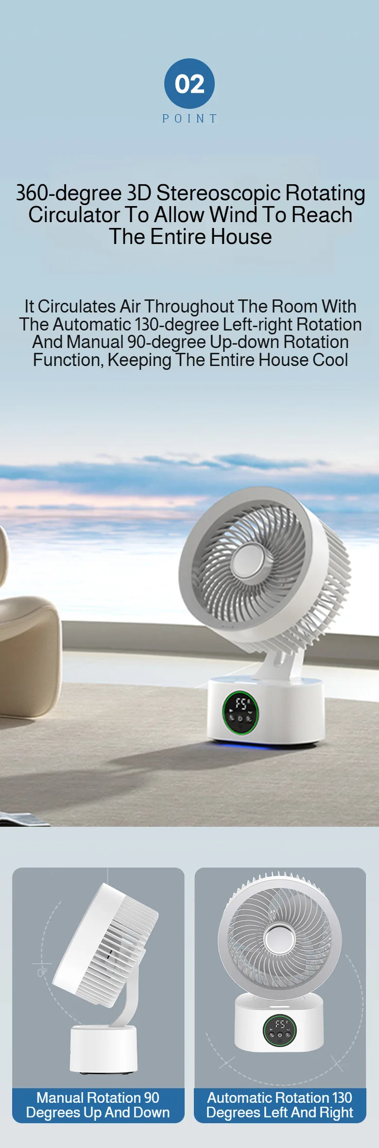 2026 New Air Circulation Fan Rechargeable AI Voice Control 5 Speed Oscillating Desktop Wall Mount Hanging Fan LED Display Home