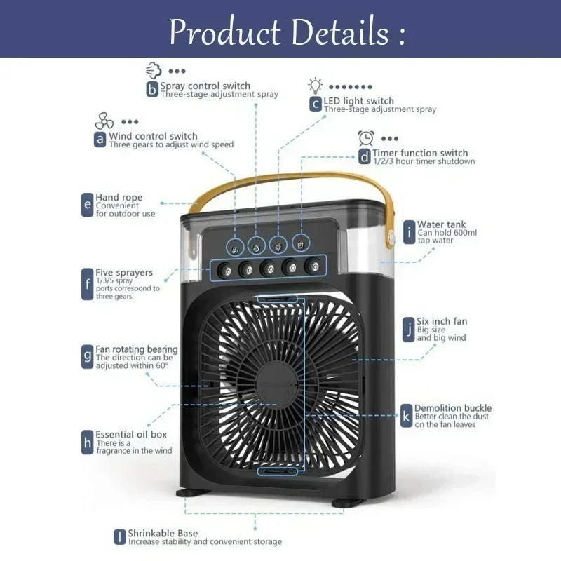 New 3 In 1 Portable Fan AIr Conditioner Household Mini Air Cooler LED Night Light Humidifier Air Adjustment Fan Office Home Fan