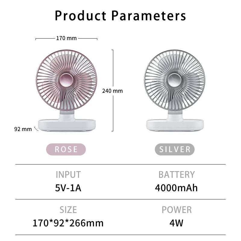 Wireless Desktop Fan 7 Inch Oscillating 4 Speeds Rechargeable USB Air Cooling Fan 90° Adjust Portable Home Office Camping Fan