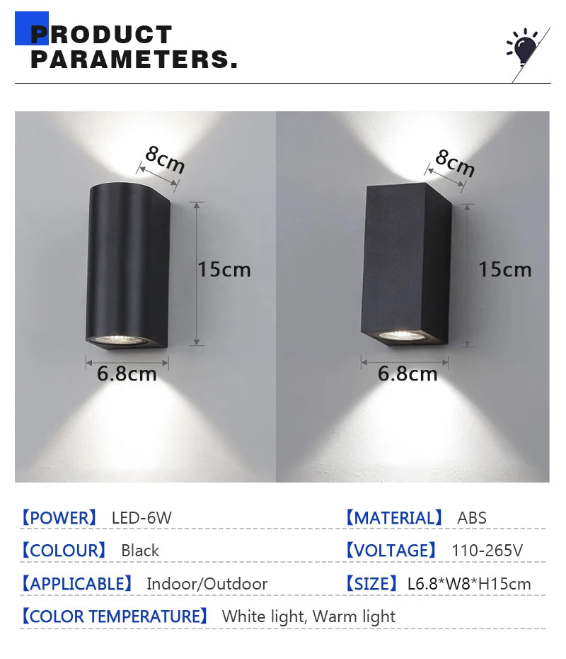 Waterproof LED Outdoor Wall Lamp IP65 Upper Lower Lighting Porch Garden Lamp Indoor Bedroom Bedside Home Decor Wall Light