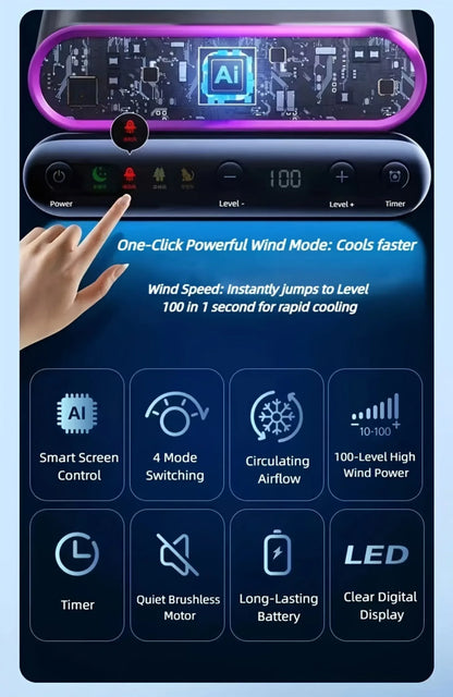 Air Circulation Fan Desktop Portable Rechargeable Fan AI Smart 100 Speed Stepless Quiet Brushless Motor Type-C Baby Sleep Wind