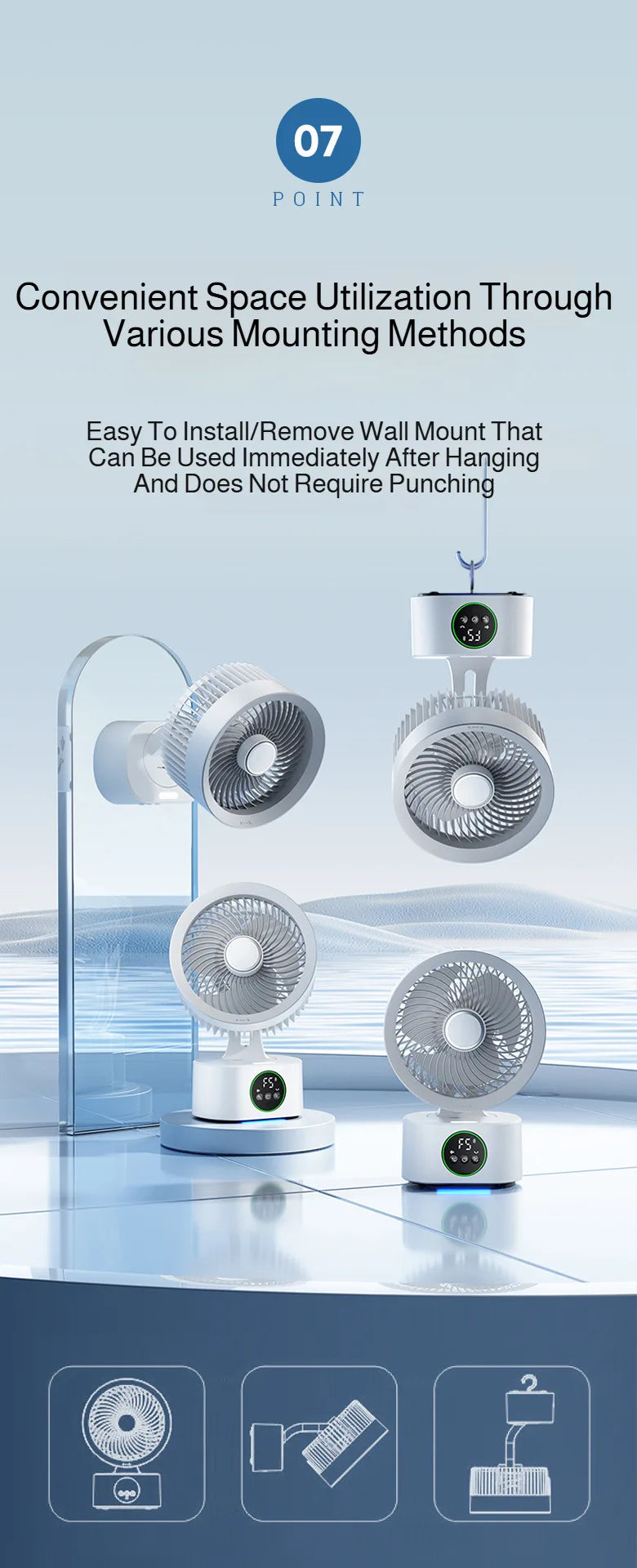 2026 New Air Circulation Fan Rechargeable AI Voice Control 5 Speed Oscillating Desktop Wall Mount Hanging Fan LED Display Home