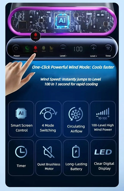 Air Circulation Fan Desktop Portable Rechargeable Fan AI Smart 100 Speed Stepless Quiet Brushless Motor Type-C Baby Sleep Wind