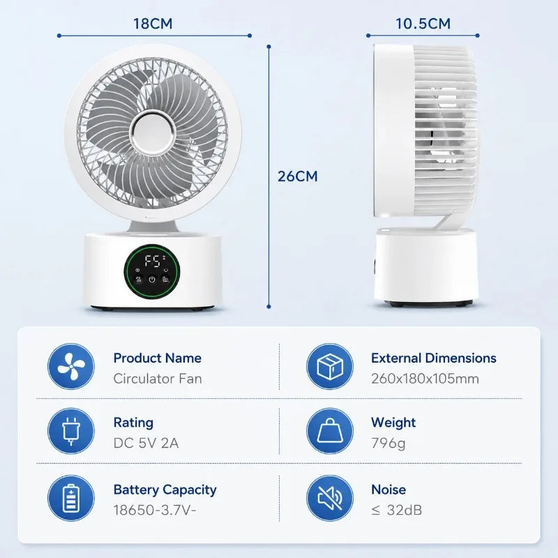 2026 New Air Circulation Fan Rechargeable AI Voice Control 5 Speed Oscillating Desktop Wall Mount Hanging Fan LED Display Home