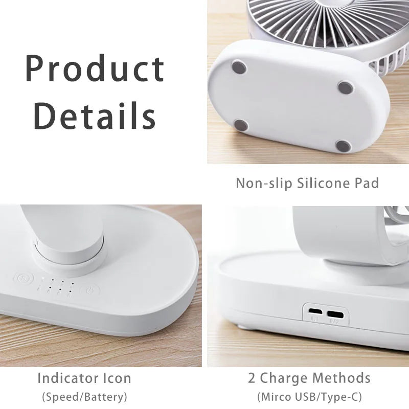 Wireless Desktop Fan 7 Inch Oscillating 4 Speeds Rechargeable USB Air Cooling Fan 90° Adjust Portable Home Office Camping Fan