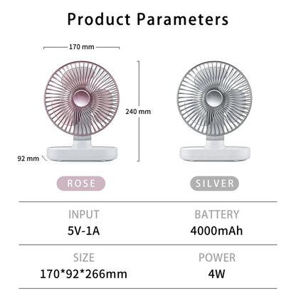 Wireless Desktop Fan 7 Inch Oscillating 4 Speeds Rechargeable USB Air Cooling Fan 90° Adjust Portable Home Office Camping Fan