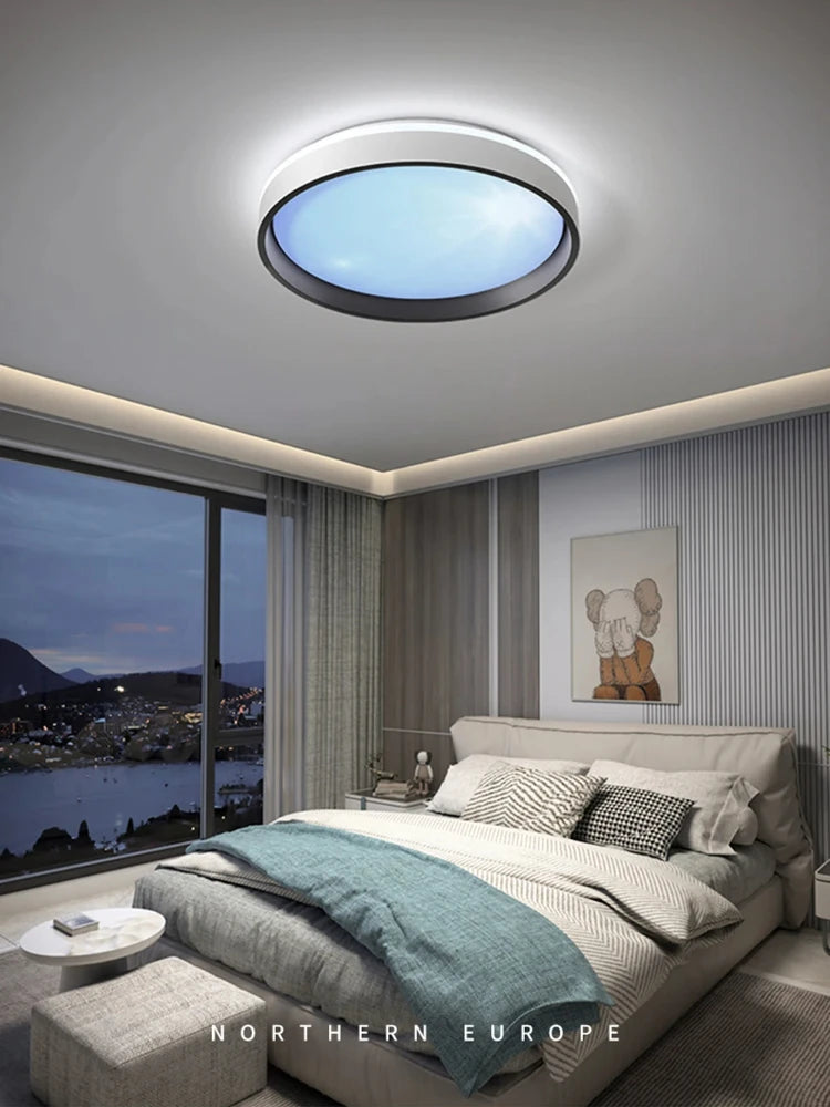 Modern LED Blue Sky Ceiling Lamp Smart Brightness Dimmable Round Ceiling light for Living Room Bedroom Kitchen Moon Lighting