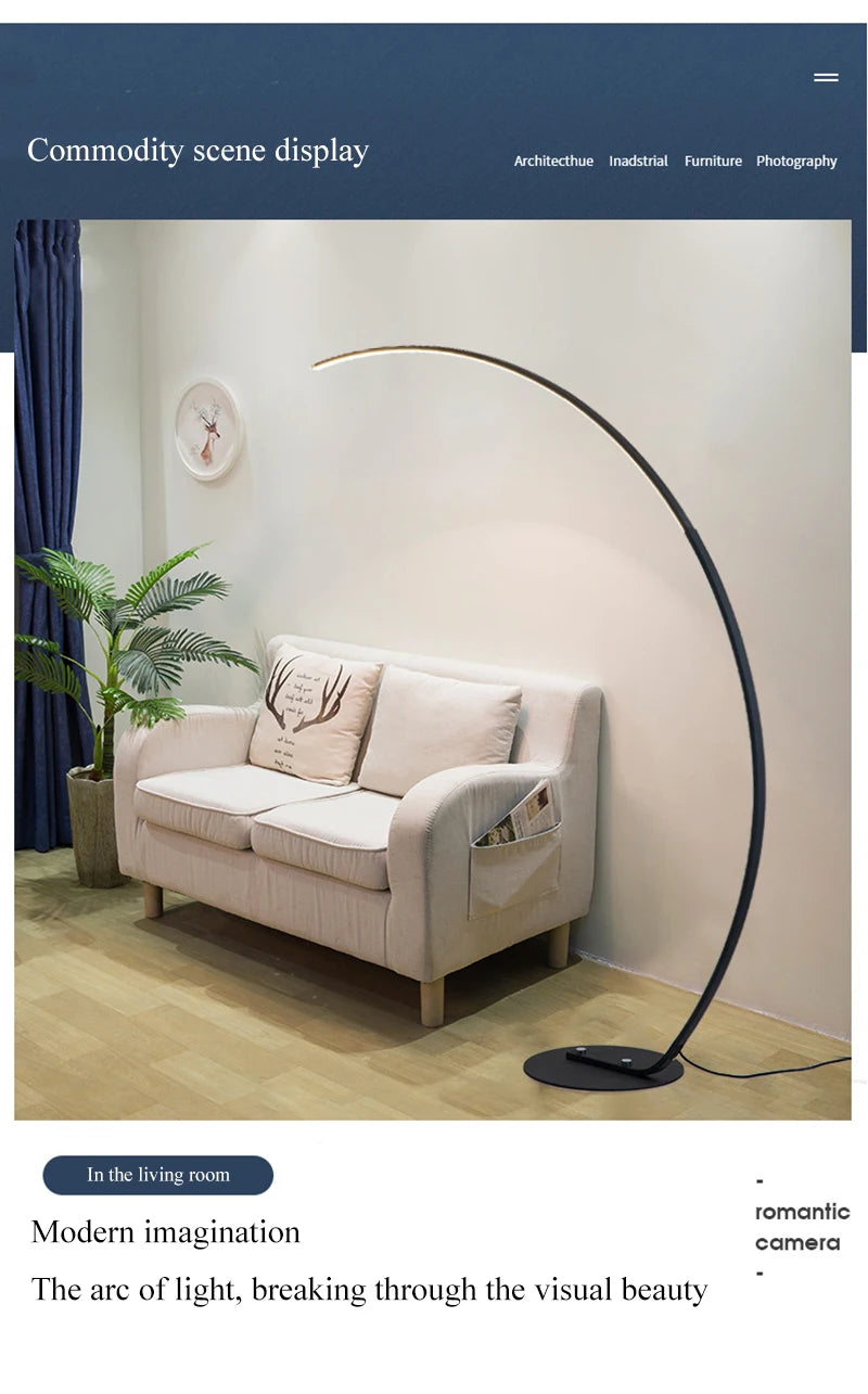 Nordic Designer Curved Aluminum LED Floor Lamp Modern Standing Light for Living Room Bedroom Bedside Room Decorative Lighting