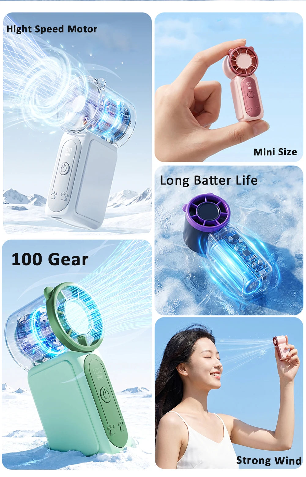Mini Portable Fan High Speed 100 Wind Electric Handheld Fan USB Rechargeable Small Desk Fan for Outdoor Camping Pocket Hand Fan