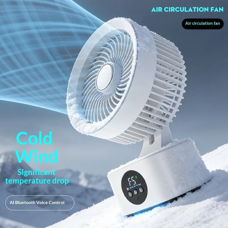 2026 New Air Circulation Fan Rechargeable AI Voice Control 5 Speed Oscillating Desktop Wall Mount Hanging Fan LED Display Home