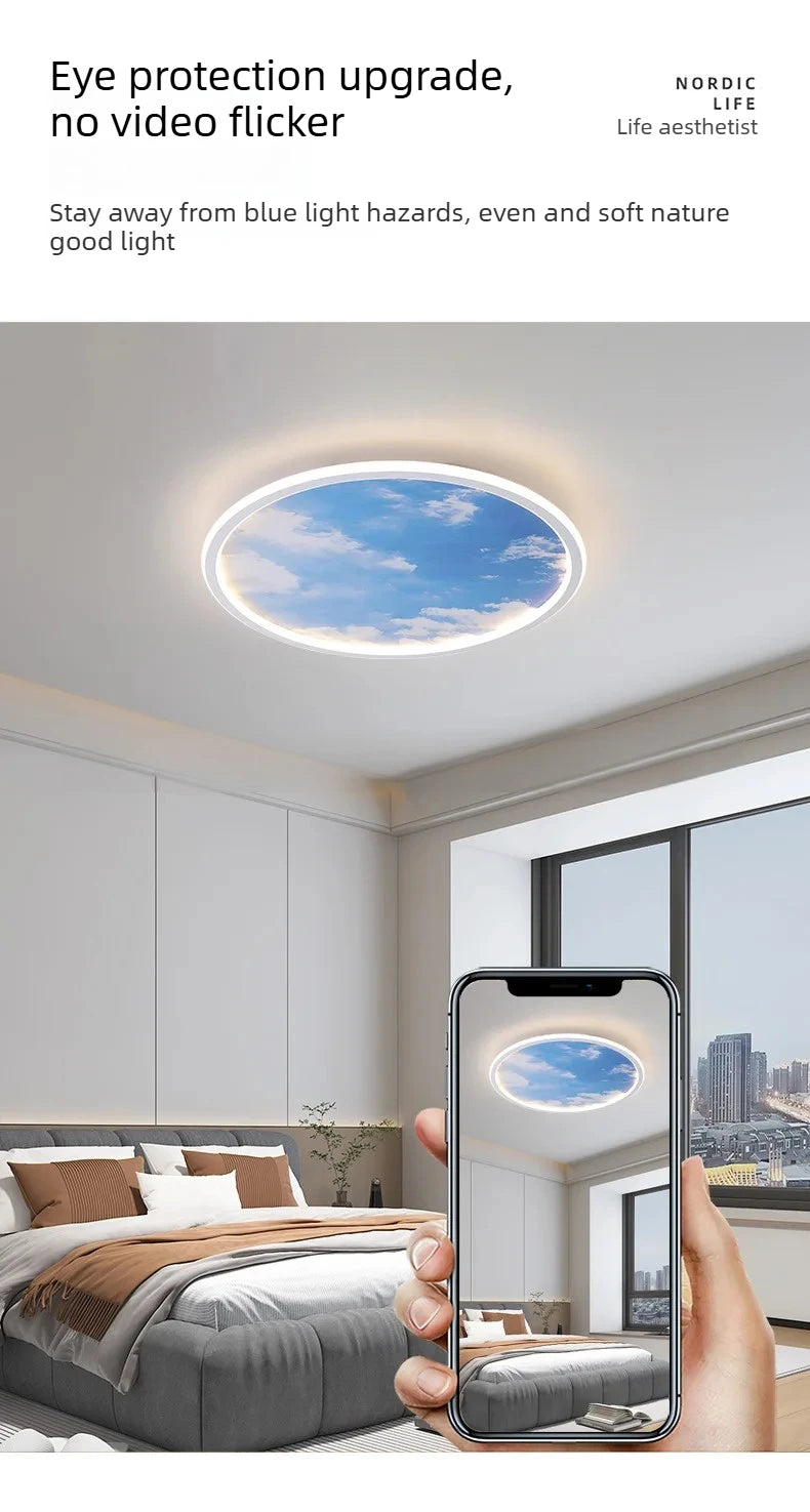 Blue Sky and White Clouds Circular Acrylic LED Ceiling Lamp Minimalist Bedroom Lighting Home Living Room Study Atmosphere Lights