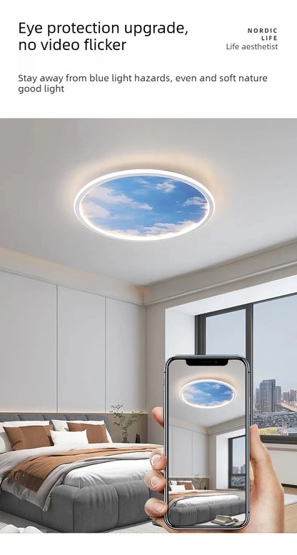 Blue Sky and White Clouds Circular Acrylic LED Ceiling Lamp Minimalist Bedroom Lighting Home Living Room Study Atmosphere Lights