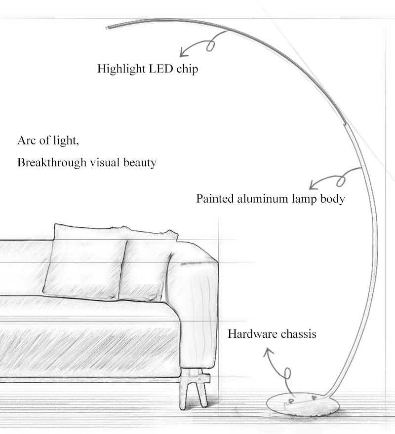 Nordic Designer Curved Aluminum LED Floor Lamp Modern Standing Light for Living Room Bedroom Bedside Room Decorative Lighting