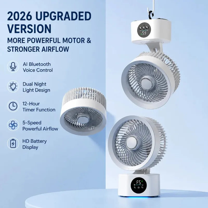2026 New Air Circulation Fan Rechargeable AI Voice Control 5 Speed Oscillating Desktop Wall Mount Hanging Fan LED Display Home
