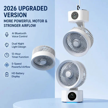 2026 New Air Circulation Fan Rechargeable AI Voice Control 5 Speed Oscillating Desktop Wall Mount Hanging Fan LED Display Home