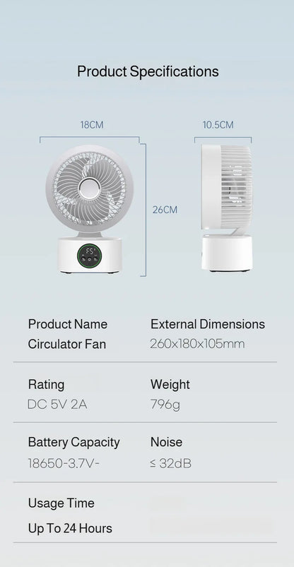 2026 New Air Circulation Fan Rechargeable AI Voice Control 5 Speed Oscillating Desktop Wall Mount Hanging Fan LED Display Home