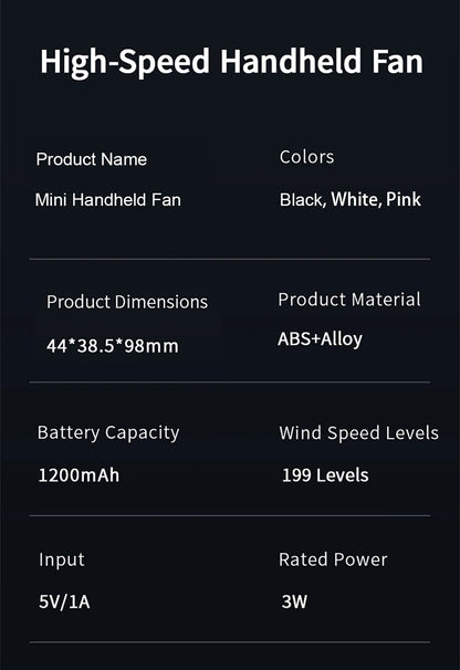 Mini Portable Handheld Fan USB Rechargeable Turbo Fan Outdoor Mini Personal Pocket Hand Fan 199 Speed  Portable Small Hand Fan