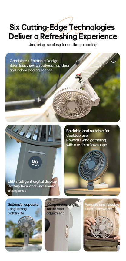 New Portable Folding Handheld Fan 3600mAh Desktop Rechargeable Fan 100-speed Wind Angle Adjustable for Home Outdoor Travel
