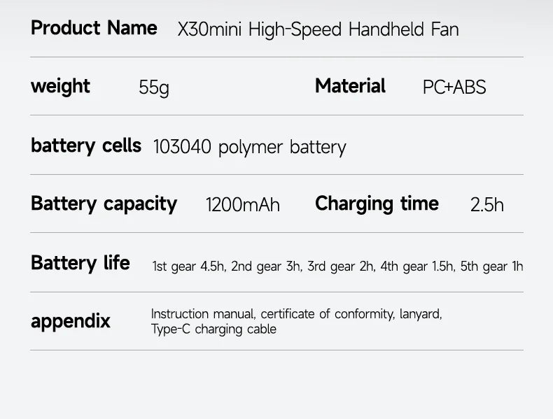 Portable Handheld Small Fan 5-speed Wind 1200mah Battery Capacity Mini USB Rechargeable Handheld Fan Suitable Outdoor