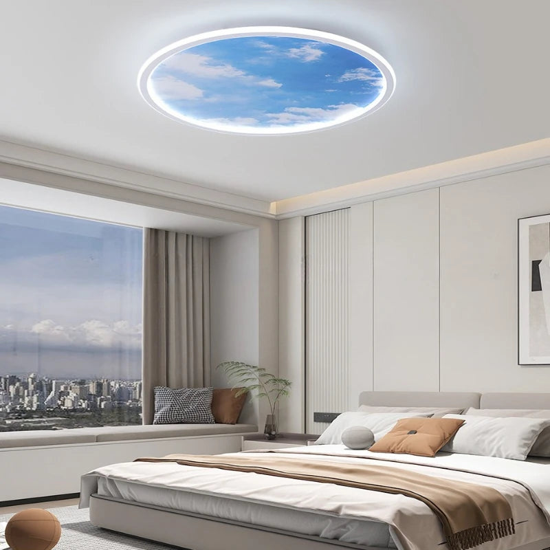 Blue Sky and White Clouds Circular Acrylic LED Ceiling Lamp Minimalist Bedroom Lighting Home Living Room Study Atmosphere Lights